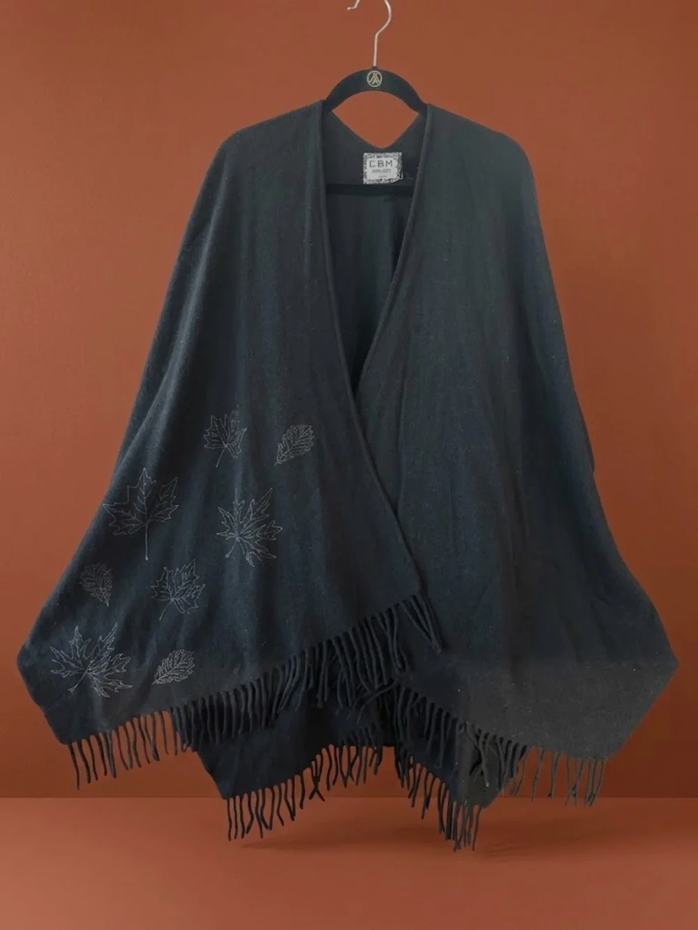 C.B.M. Project Italy Black Leaf Embroidered Fringe Poncho Wrap